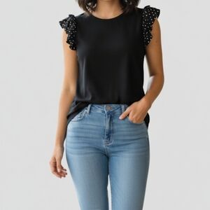 Final SALE Love Generation Black Top Faux Pearl Frills Ruffles Short Sleeve XS